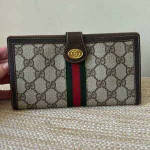 Gucci Vintage Long Wallet Trifold Card Purse Sherry GG Supreme Brown Authentic